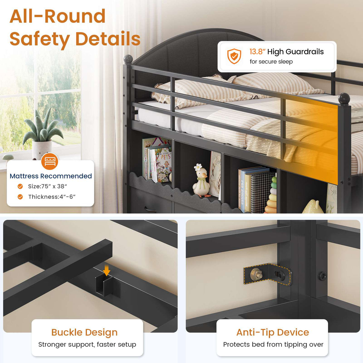 DICTAC | Twin Low Loft Bed with 8 Storage Drawers, 4 Bookshelves, LED Lights & Play Space for Kids
