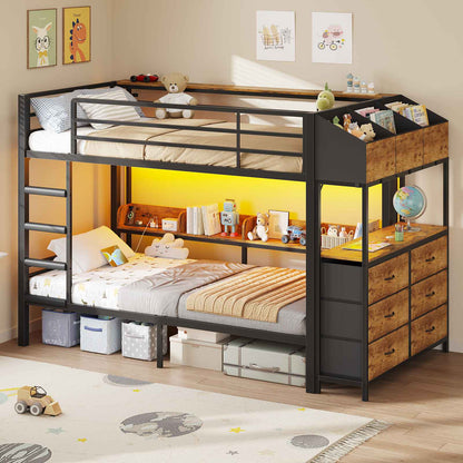 DICTAC | Twin Over Twin Bunk Bed with 6 Storage Drawers, LED Lights & Charging Station, Metal Kids Bunk Bed with Side Bookcase, Storage Boxes & Safety Guardrail, Black/White