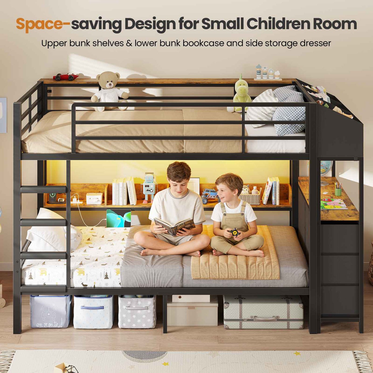 DICTAC | Twin Over Twin Bunk Bed with 6 Storage Drawers, LED Lights & Charging Station, Metal Kids Bunk Bed with Side Bookcase, Storage Boxes & Safety Guardrail, Black/White