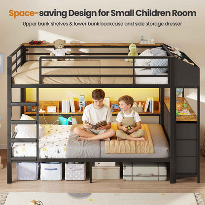 DICTAC | Twin Over Twin Bunk Bed with 6 Storage Drawers, LED Lights & Charging Station, Metal Kids Bunk Bed with Side Bookcase, Storage Boxes & Safety Guardrail, Black/White