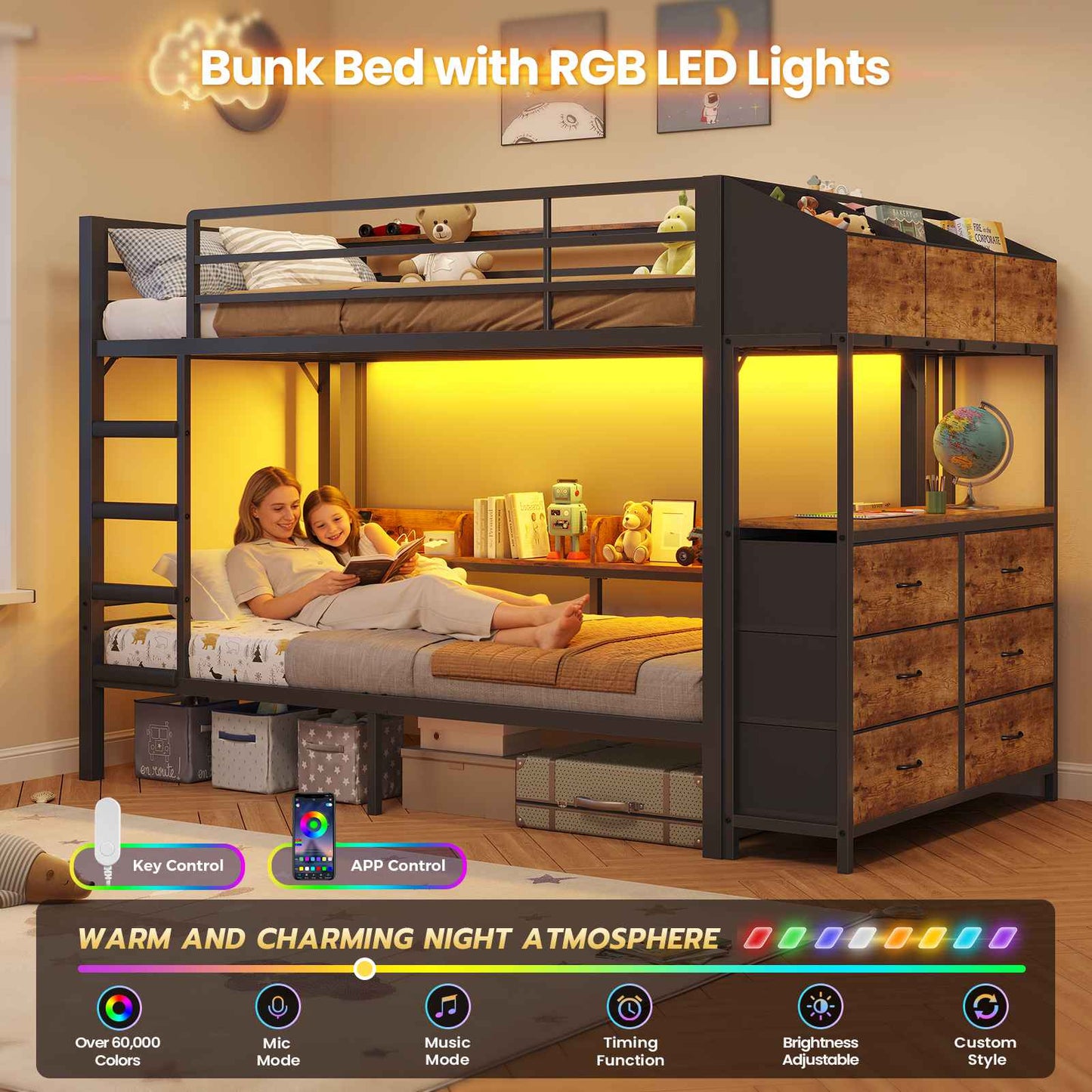 DICTAC | Twin Over Twin Bunk Bed with 6 Storage Drawers, LED Lights & Charging Station, Metal Kids Bunk Bed with Side Bookcase, Storage Boxes & Safety Guardrail, Black/White
