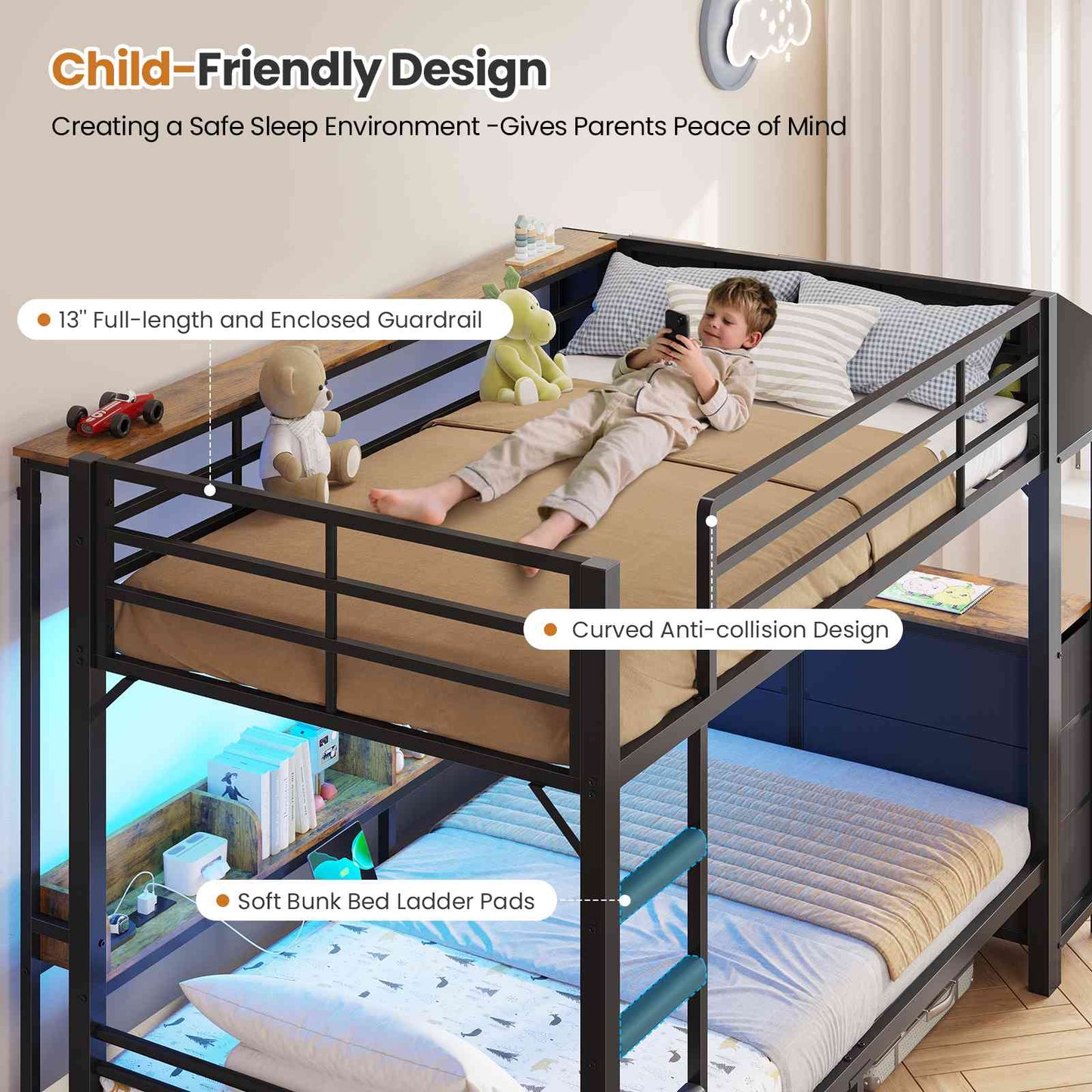 DICTAC | Twin Over Twin Bunk Bed with 6 Storage Drawers, LED Lights & Charging Station, Metal Kids Bunk Bed with Side Bookcase, Storage Boxes & Safety Guardrail, Black/White