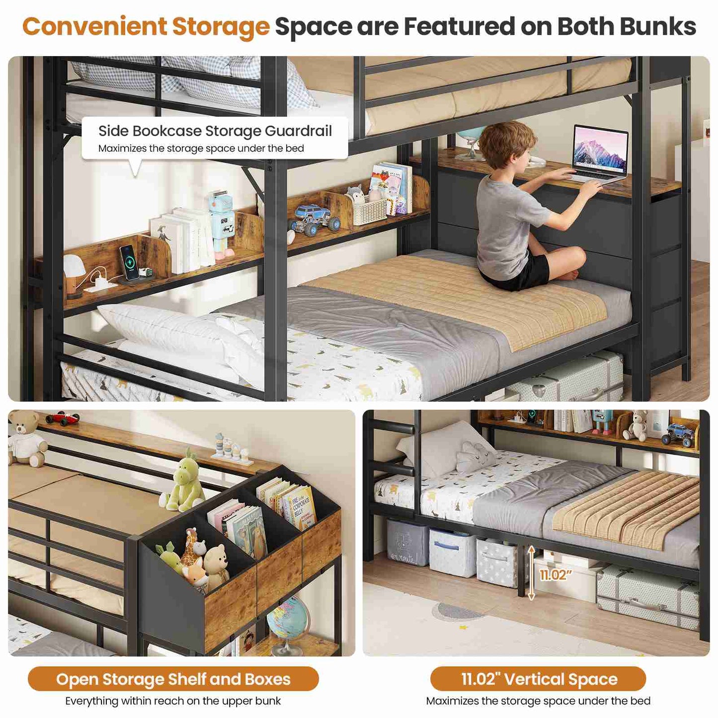 DICTAC | Twin Over Twin Bunk Bed with 6 Storage Drawers, LED Lights & Charging Station, Metal Kids Bunk Bed with Side Bookcase, Storage Boxes & Safety Guardrail, Black/White