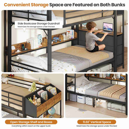 DICTAC | Twin Over Twin Bunk Bed with 6 Storage Drawers, LED Lights & Charging Station, Metal Kids Bunk Bed with Side Bookcase, Storage Boxes & Safety Guardrail, Black/White