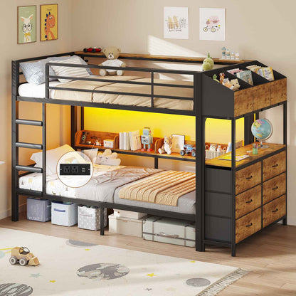 DICTAC | Twin Over Twin Bunk Bed with 6 Storage Drawers, LED Lights & Charging Station, Metal Kids Bunk Bed with Side Bookcase, Storage Boxes & Safety Guardrail, Black/White
