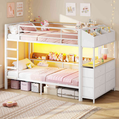 DICTAC | Twin Over Twin Bunk Bed with 6 Storage Drawers, LED Lights & Charging Station, Metal Kids Bunk Bed with Side Bookcase, Storage Boxes & Safety Guardrail, Black/White