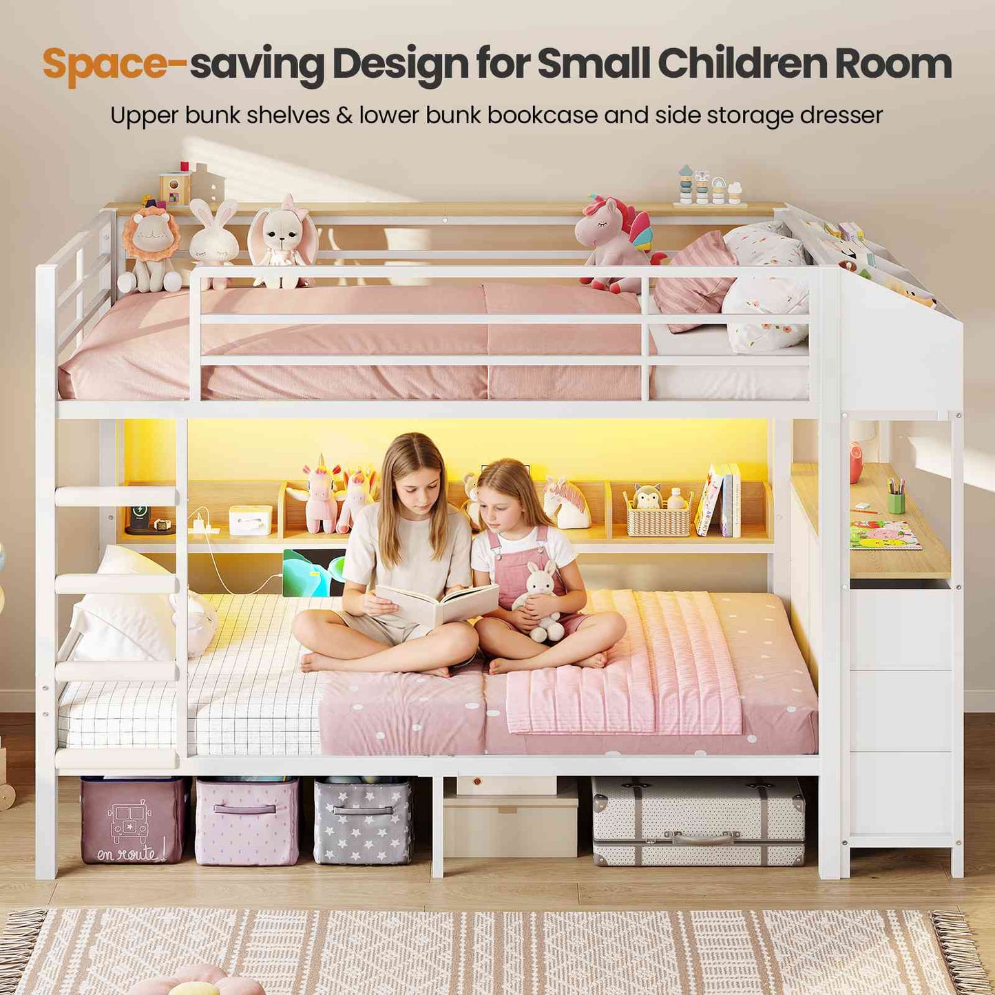 DICTAC | Twin Over Twin Bunk Bed with 6 Storage Drawers, LED Lights & Charging Station, Metal Kids Bunk Bed with Side Bookcase, Storage Boxes & Safety Guardrail, Black/White