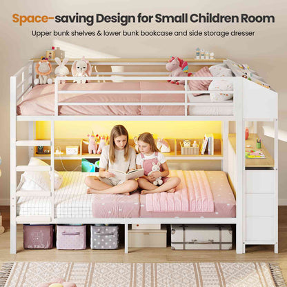 DICTAC | Twin Over Twin Bunk Bed with 6 Storage Drawers, LED Lights & Charging Station, Metal Kids Bunk Bed with Side Bookcase, Storage Boxes & Safety Guardrail, Black/White