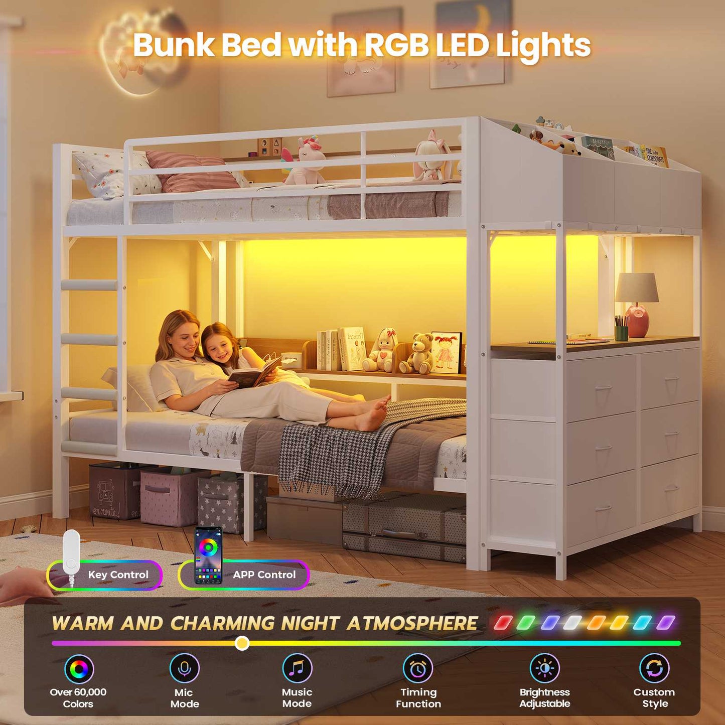 DICTAC | Twin Over Twin Bunk Bed with 6 Storage Drawers, LED Lights & Charging Station, Metal Kids Bunk Bed with Side Bookcase, Storage Boxes & Safety Guardrail, Black/White