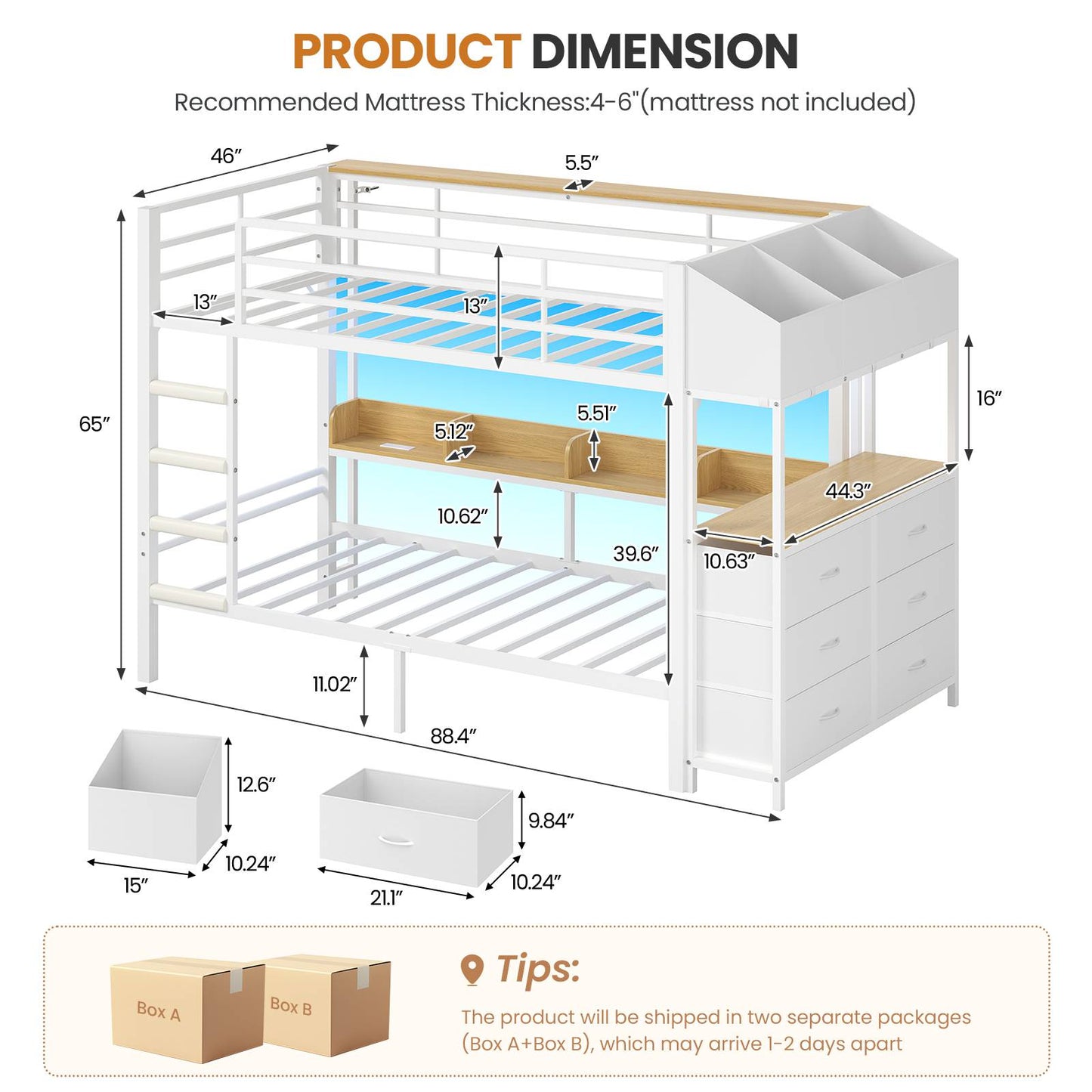 DICTAC | Twin Over Twin Bunk Bed with 6 Storage Drawers, LED Lights & Charging Station, Metal Kids Bunk Bed with Side Bookcase, Storage Boxes & Safety Guardrail, Black/White