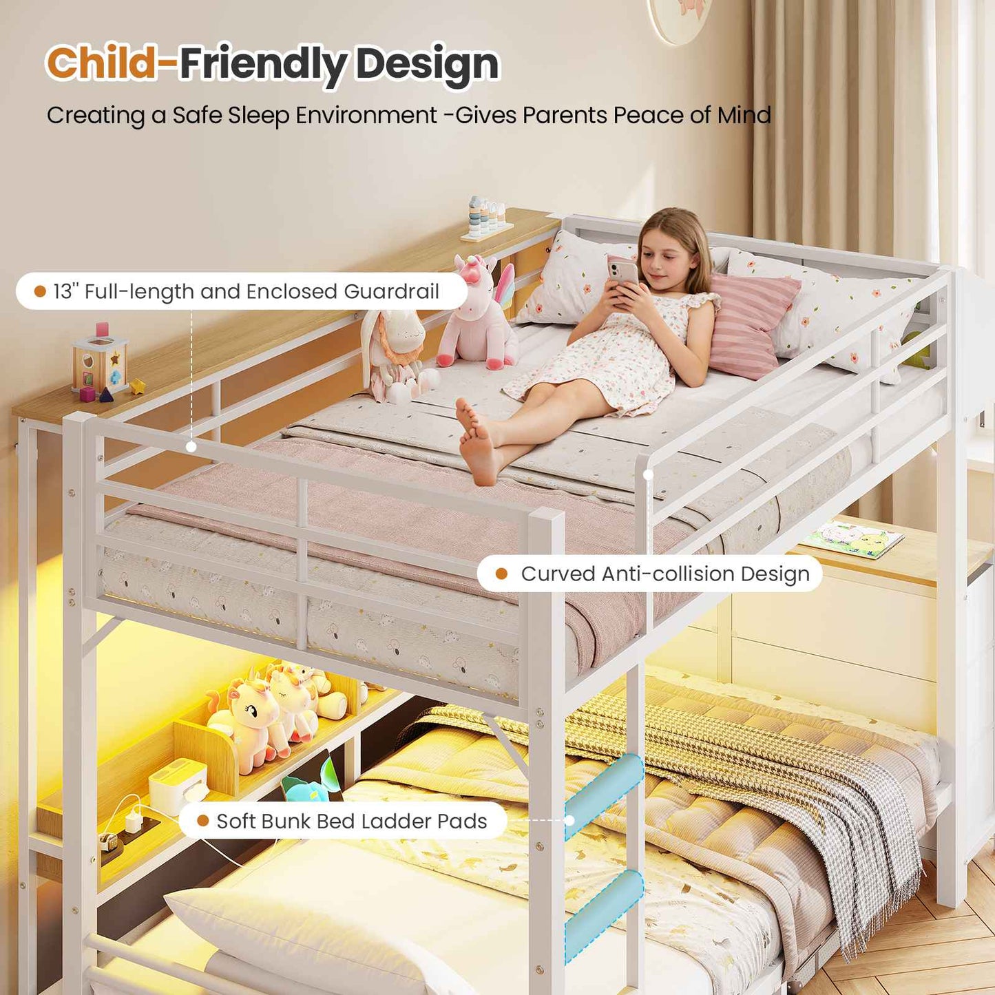 DICTAC | Twin Over Twin Bunk Bed with 6 Storage Drawers, LED Lights & Charging Station, Metal Kids Bunk Bed with Side Bookcase, Storage Boxes & Safety Guardrail, Black/White