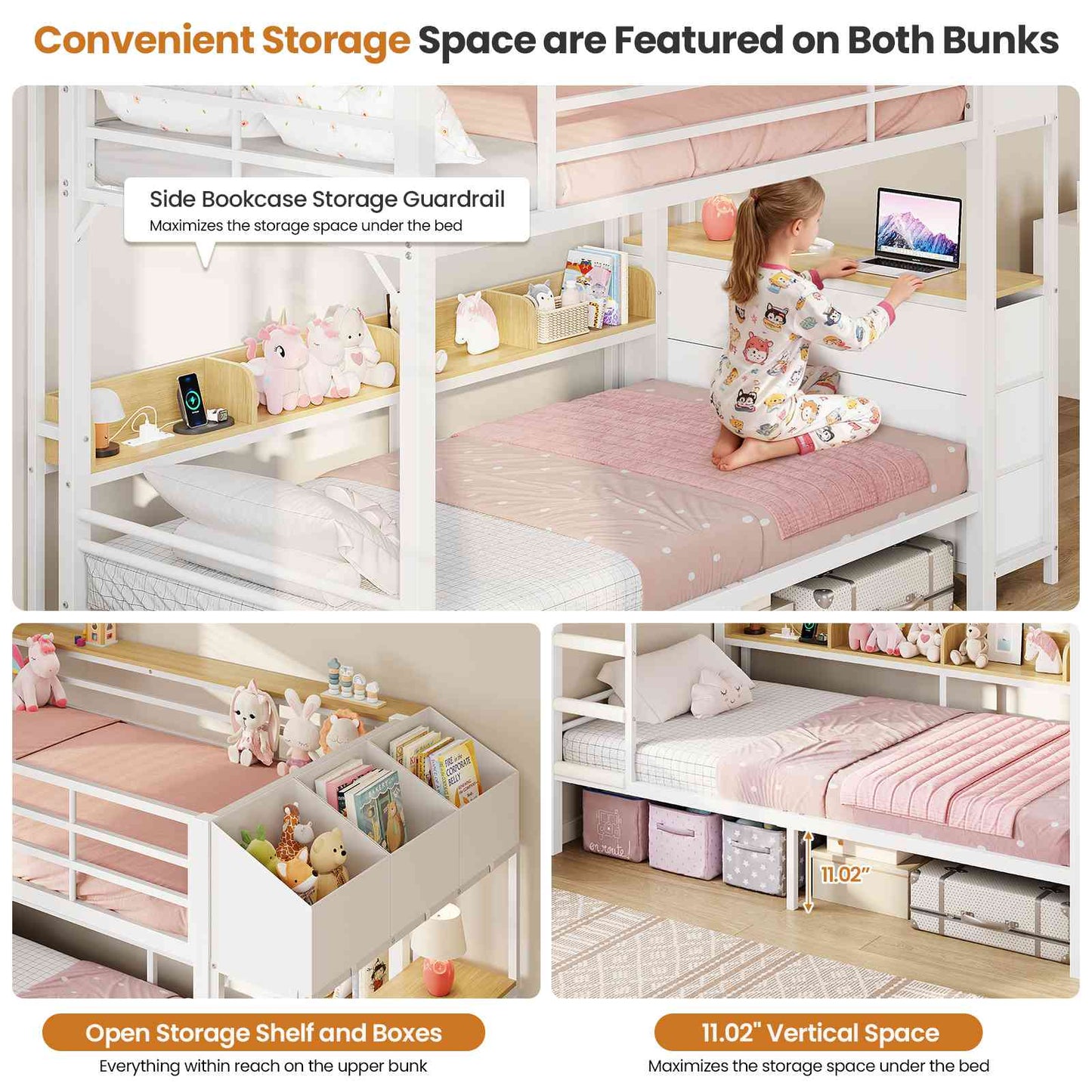 DICTAC | Twin Over Twin Bunk Bed with 6 Storage Drawers, LED Lights & Charging Station, Metal Kids Bunk Bed with Side Bookcase, Storage Boxes & Safety Guardrail, Black/White