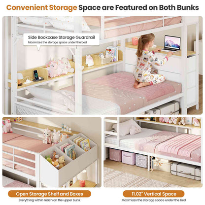 DICTAC | Twin Over Twin Bunk Bed with 6 Storage Drawers, LED Lights & Charging Station, Metal Kids Bunk Bed with Side Bookcase, Storage Boxes & Safety Guardrail, Black/White