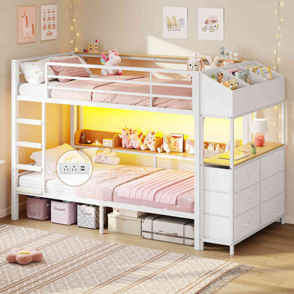 DICTAC | Twin Over Twin Bunk Bed with 6 Storage Drawers, LED Lights & Charging Station, Metal Kids Bunk Bed with Side Bookcase, Storage Boxes & Safety Guardrail, Black/White