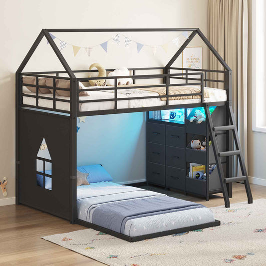DICTAC | Twin Over Twin House Bunk Bed with Storage Drawers, Bins & RGB LED Lights - Black