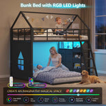 DICTAC | Twin Over Twin House Bunk Bed with Storage Drawers, Bins & RGB LED Lights - Black