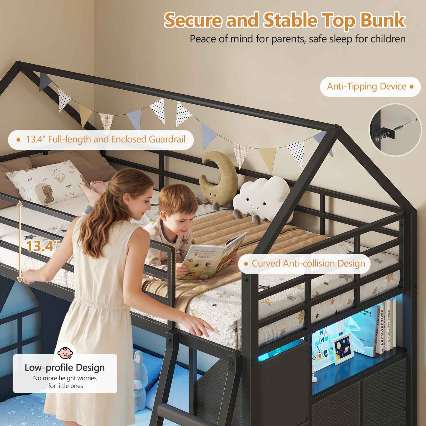 DICTAC | DICTAC Twin Over Twin House Bunk Bed – Montessori Low Metal Frame w/ Storage Drawers, Bins & RGB LED Lights, Safety Guardrails & Ladder, Black