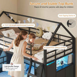 DICTAC | Twin Over Twin House Bunk Bed with Storage Drawers, Bins & RGB LED Lights - Black
