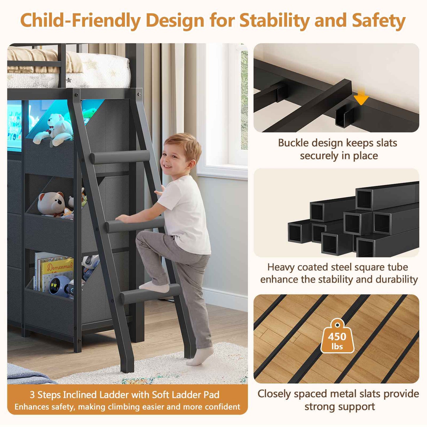 DICTAC | DICTAC Twin Over Twin House Bunk Bed – Montessori Low Metal Frame w/ Storage Drawers, Bins & RGB LED Lights, Safety Guardrails & Ladder, Black