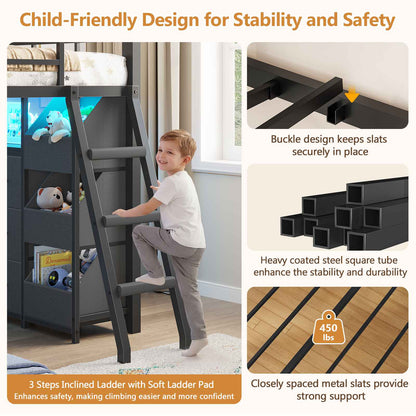 DICTAC | DICTAC Twin Over Twin House Bunk Bed – Montessori Low Metal Frame w/ Storage Drawers, Bins & RGB LED Lights, Safety Guardrails & Ladder, Black