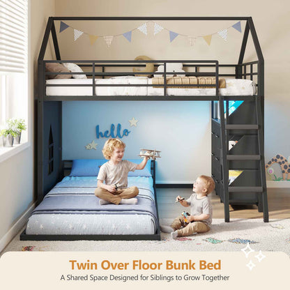 DICTAC | DICTAC Twin Over Twin House Bunk Bed – Montessori Low Metal Frame w/ Storage Drawers, Bins & RGB LED Lights, Safety Guardrails & Ladder, Black