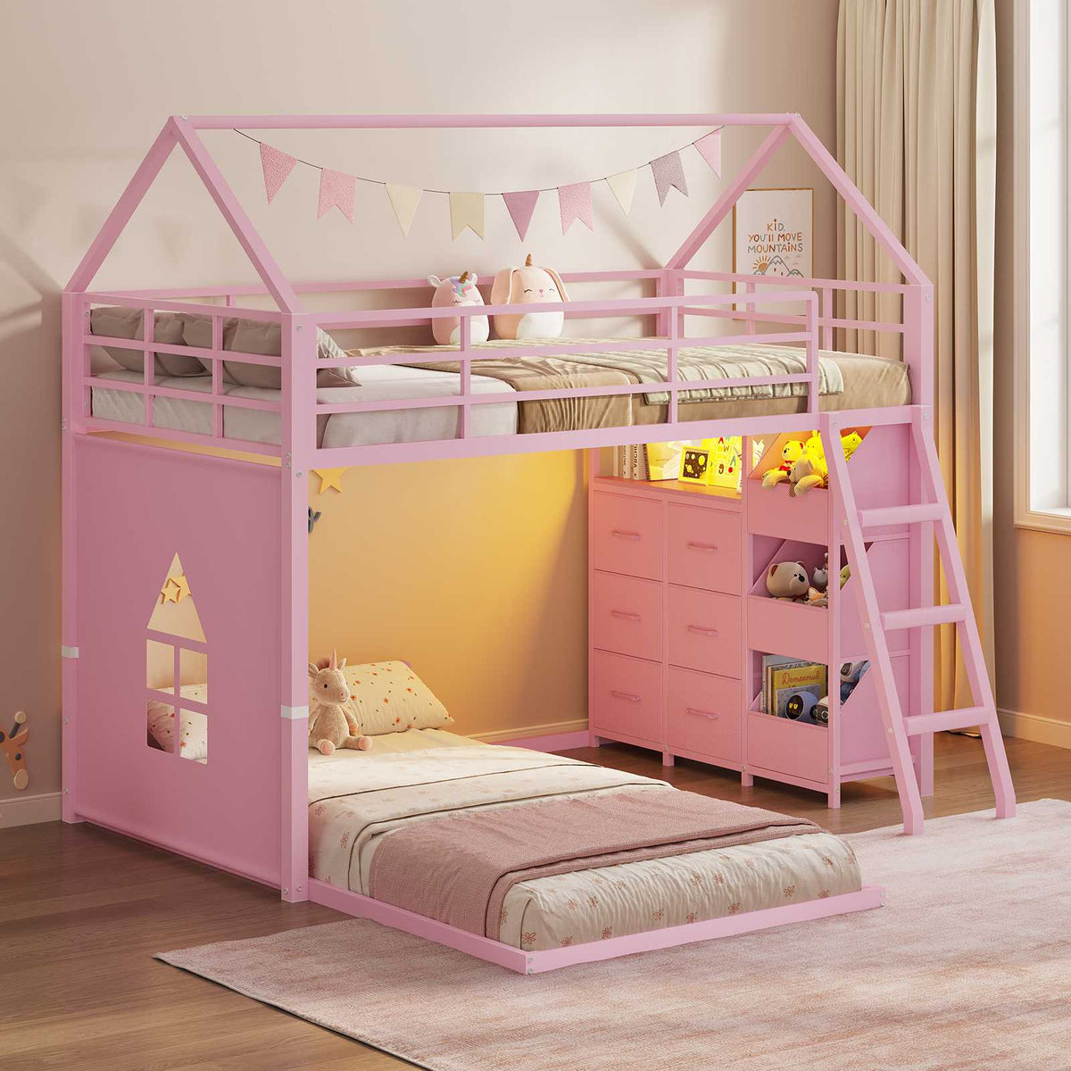 DICTAC | Twin Over Twin House Bunk Bed with Storage Drawers, Bins & RGB LED Lights - Pink