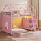 DICTAC | Twin Over Twin House Bunk Bed with Storage Drawers, Bins & RGB LED Lights - Pink