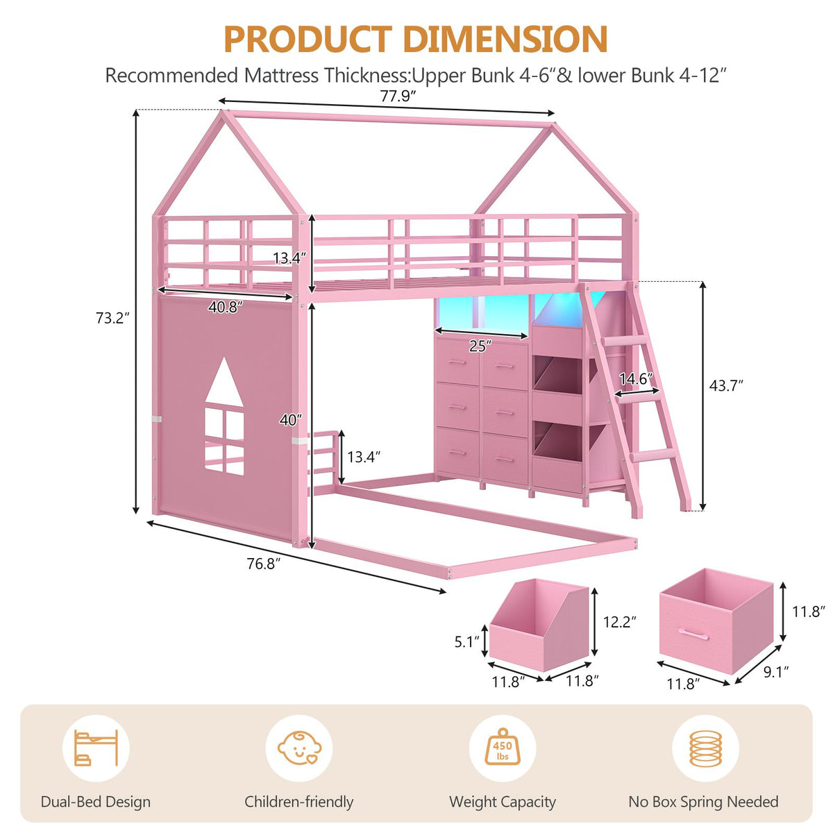 DICTAC | Twin Over Twin House Bunk Bed with Storage Drawers, Bins & RGB LED Lights - Pink