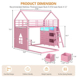 DICTAC | Twin Over Twin House Bunk Bed with Storage Drawers, Bins & RGB LED Lights - Pink