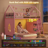 DICTAC | Twin Over Twin House Bunk Bed with Storage Drawers, Bins & RGB LED Lights - Pink