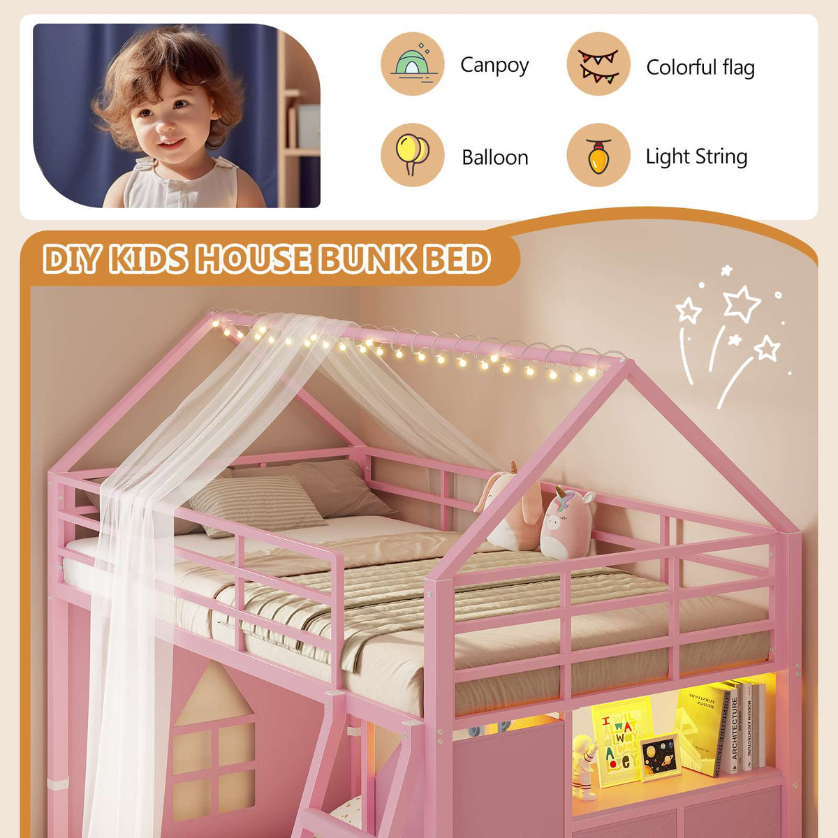 DICTAC | Twin Over Twin House Bunk Bed with Storage Drawers, Bins & RGB LED Lights - Pink