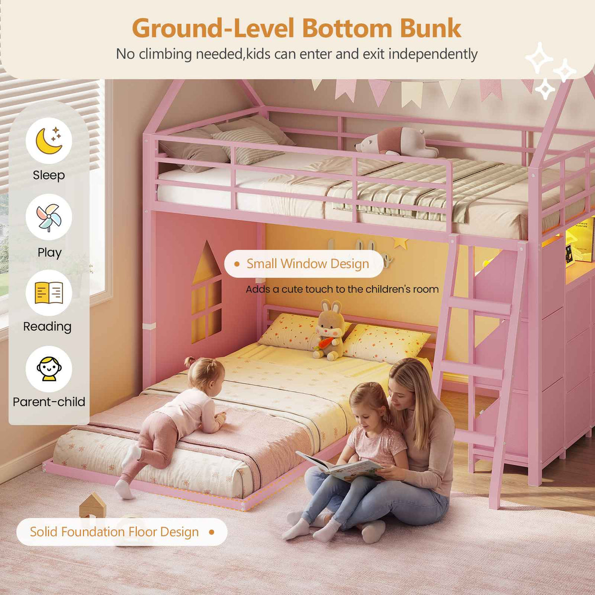 DICTAC | Twin Over Twin House Bunk Bed with Storage Drawers, Bins & RGB LED Lights - Pink