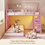 DICTAC | Twin Over Twin House Bunk Bed with Storage Drawers, Bins & RGB LED Lights - Pink