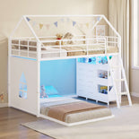 DICTAC | Twin Over Twin House Bunk Bed with Storage Drawers, Bins & RGB LED Lights - White