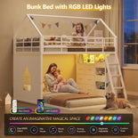 DICTAC | Twin Over Twin House Bunk Bed with Storage Drawers, Bins & RGB LED Lights - White