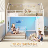 DICTAC | Twin Over Twin House Bunk Bed with Storage Drawers, Bins & RGB LED Lights - White