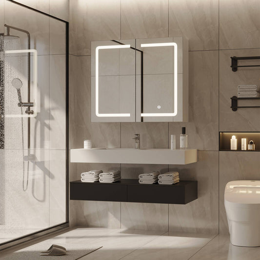 DICTAC | LED Medicine Cabinet with Mirror, Double Door Bathroom Storage Cabinet with Adjustable Shelves, White