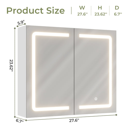 DICTAC | LED Medicine Cabinet with Mirror, Double Door Bathroom Storage Cabinet with Adjustable Shelves, White