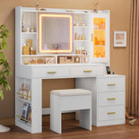 DICTAC | 47.2'' Makeup Vanity Desk with Sliding LED Mirror, RGB Glass Cabinet, Charging Station & Storage Drawers, White Vanity Table Set with Stool for Bedroom