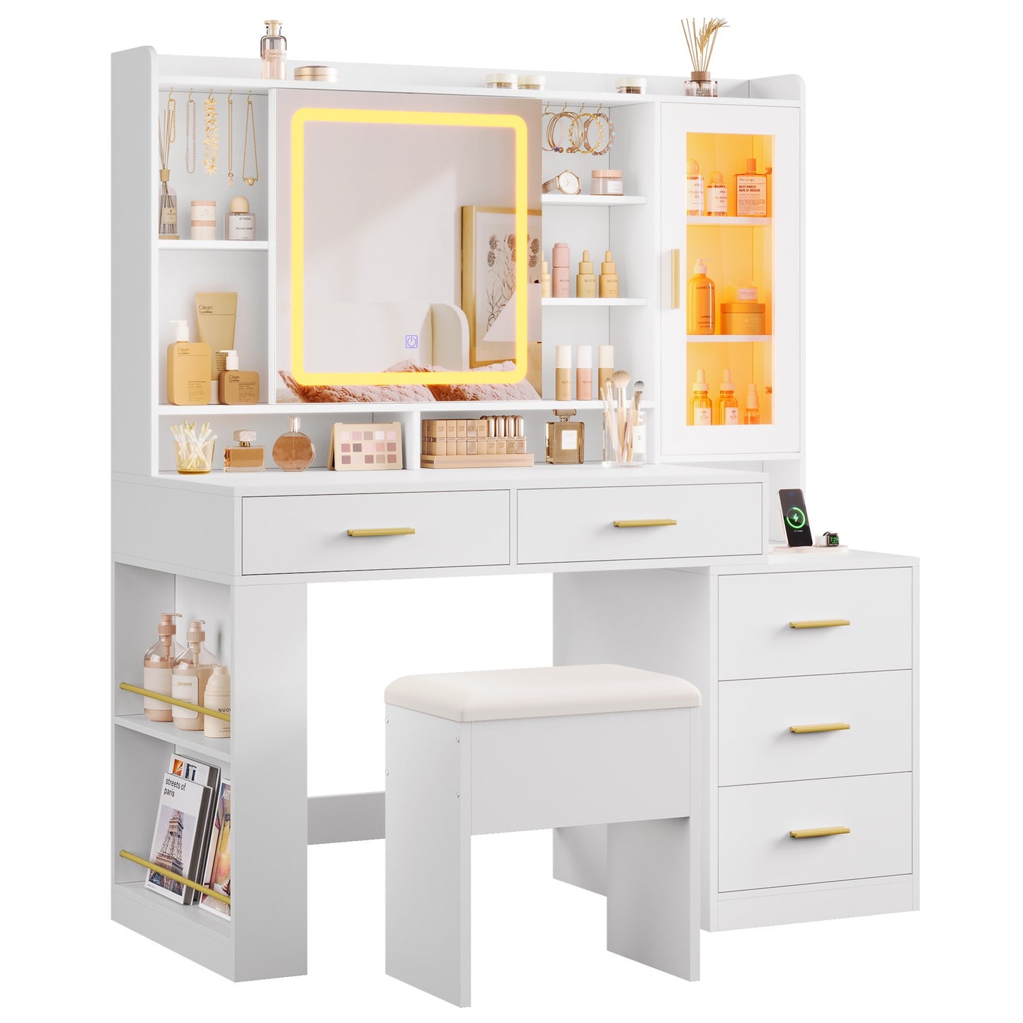 DICTAC | 47.2'' Makeup Vanity Desk with Sliding LED Mirror, RGB Glass Cabinet, Charging Station & Storage Drawers, White Vanity Table Set with Stool for Bedroom