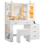 DICTAC | 47.2'' Makeup Vanity Desk with Sliding LED Mirror, RGB Glass Cabinet, Charging Station & Storage Drawers, White Vanity Table Set with Stool for Bedroom