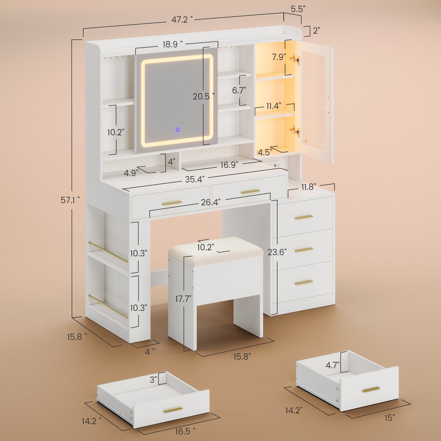 DICTAC | 47.2'' Makeup Vanity Desk with Sliding LED Mirror, RGB Glass Cabinet, Charging Station & Storage Drawers, White Vanity Table Set with Stool for Bedroom