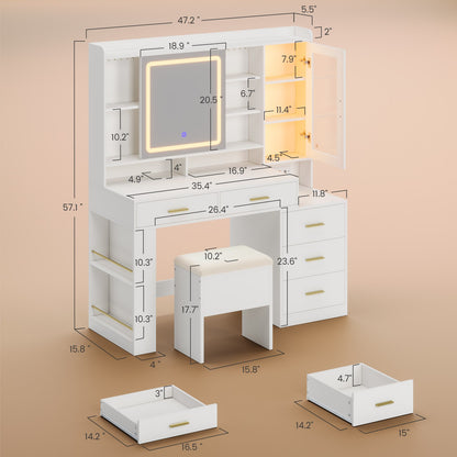 DICTAC | 47.2'' Makeup Vanity Desk with Sliding LED Mirror, RGB Glass Cabinet, Charging Station & Storage Drawers, White Vanity Table Set with Stool for Bedroom