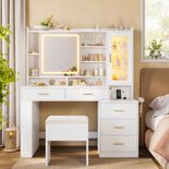DICTAC | 47.2'' Makeup Vanity Desk with Sliding LED Mirror, RGB Glass Cabinet, Charging Station & Storage Drawers, White Vanity Table Set with Stool for Bedroom