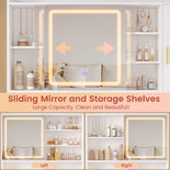 DICTAC | 47.2'' Makeup Vanity Desk with Sliding LED Mirror, RGB Glass Cabinet, Charging Station & Storage Drawers, White Vanity Table Set with Stool for Bedroom