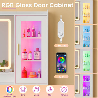 DICTAC | 47.2'' Makeup Vanity Desk with Sliding LED Mirror, RGB Glass Cabinet, Charging Station & Storage Drawers, White Vanity Table Set with Stool for Bedroom