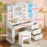 DICTAC | 47.2'' Makeup Vanity Desk with Sliding LED Mirror, RGB Glass Cabinet, Charging Station & Storage Drawers, White Vanity Table Set with Stool for Bedroom