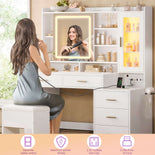DICTAC | 47.2'' Makeup Vanity Desk with Sliding LED Mirror, RGB Glass Cabinet, Charging Station & Storage Drawers, White Vanity Table Set with Stool for Bedroom