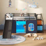 DICTAC | Kids Low Loft Bed with Slide, Storage Stairs, Art Table, Play Curtain & LED Lights