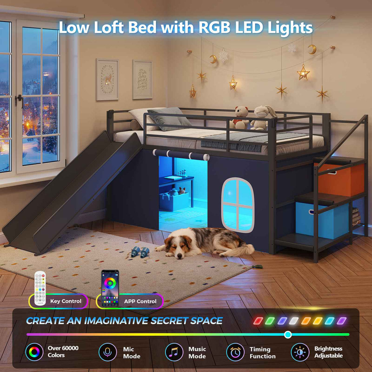 DICTAC | Kids Low Loft Bed with Slide, Storage Stairs, Art Table, Play Curtain & LED Lights